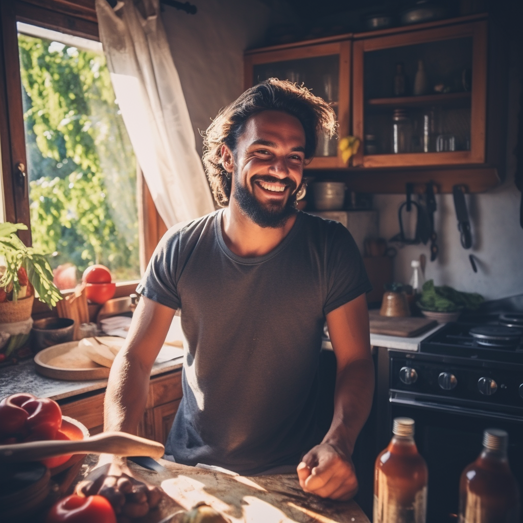 Italian guy cooking ragù with a smile