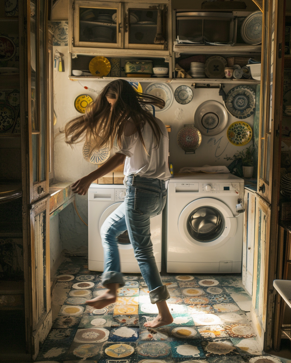 Woman chased by washing machine in kitchen