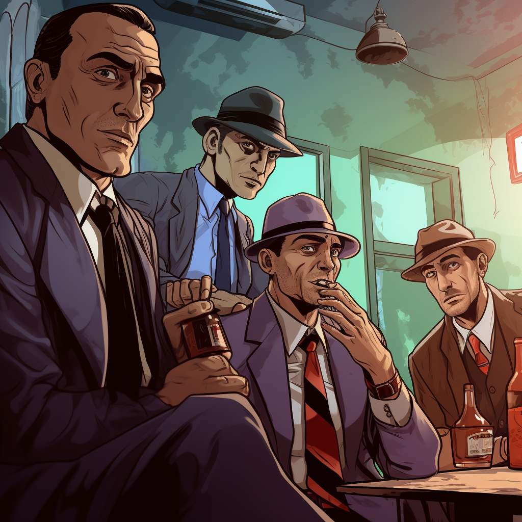 Comic-style drawing of Italian mafia at karaoke party