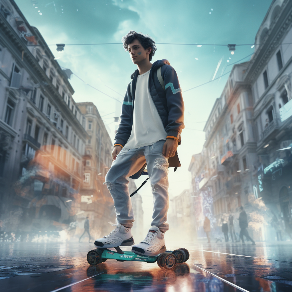 Young Italian man in dystopian city with skateboarders