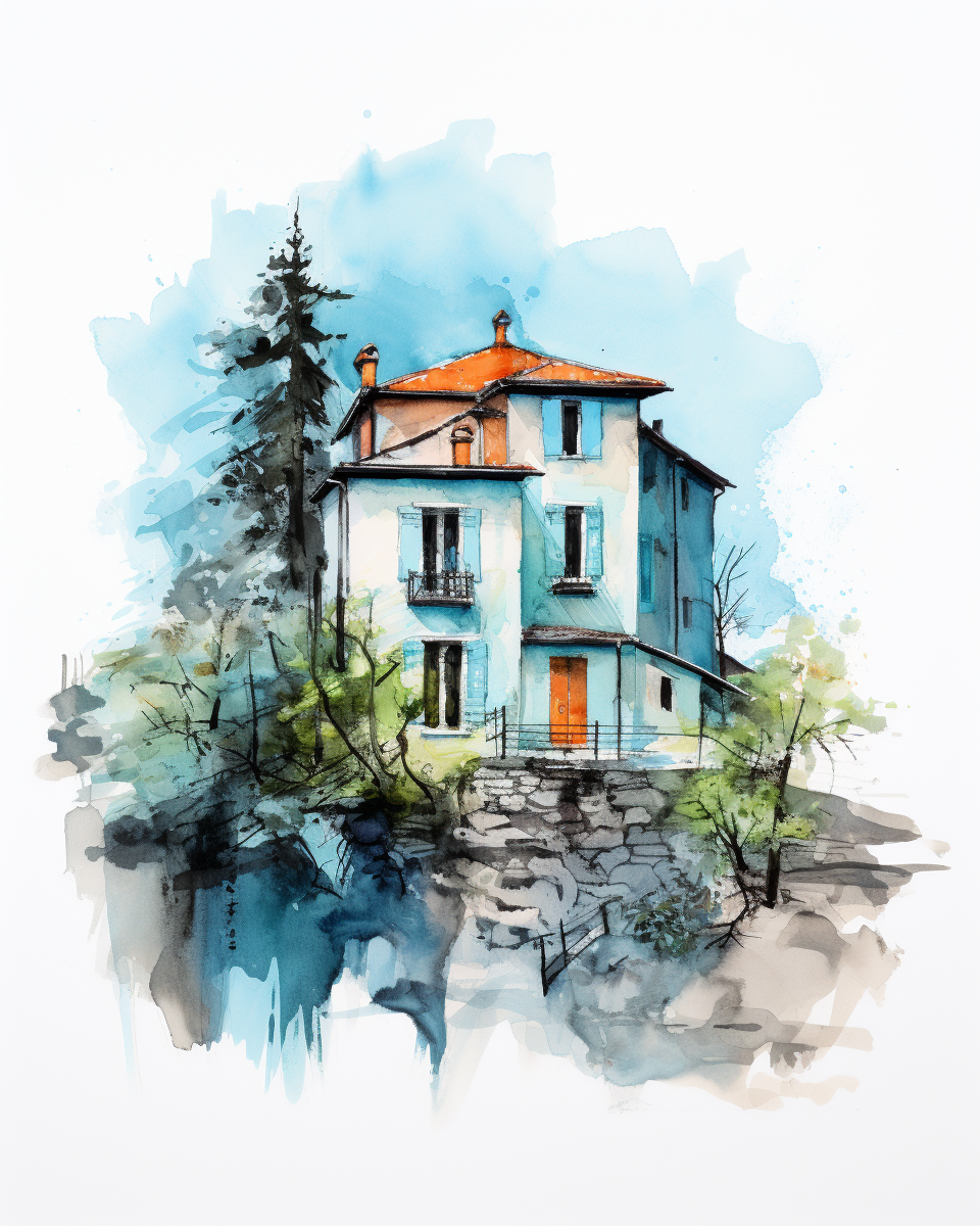 Watercolor sketch of Italian mansion near Lake Como