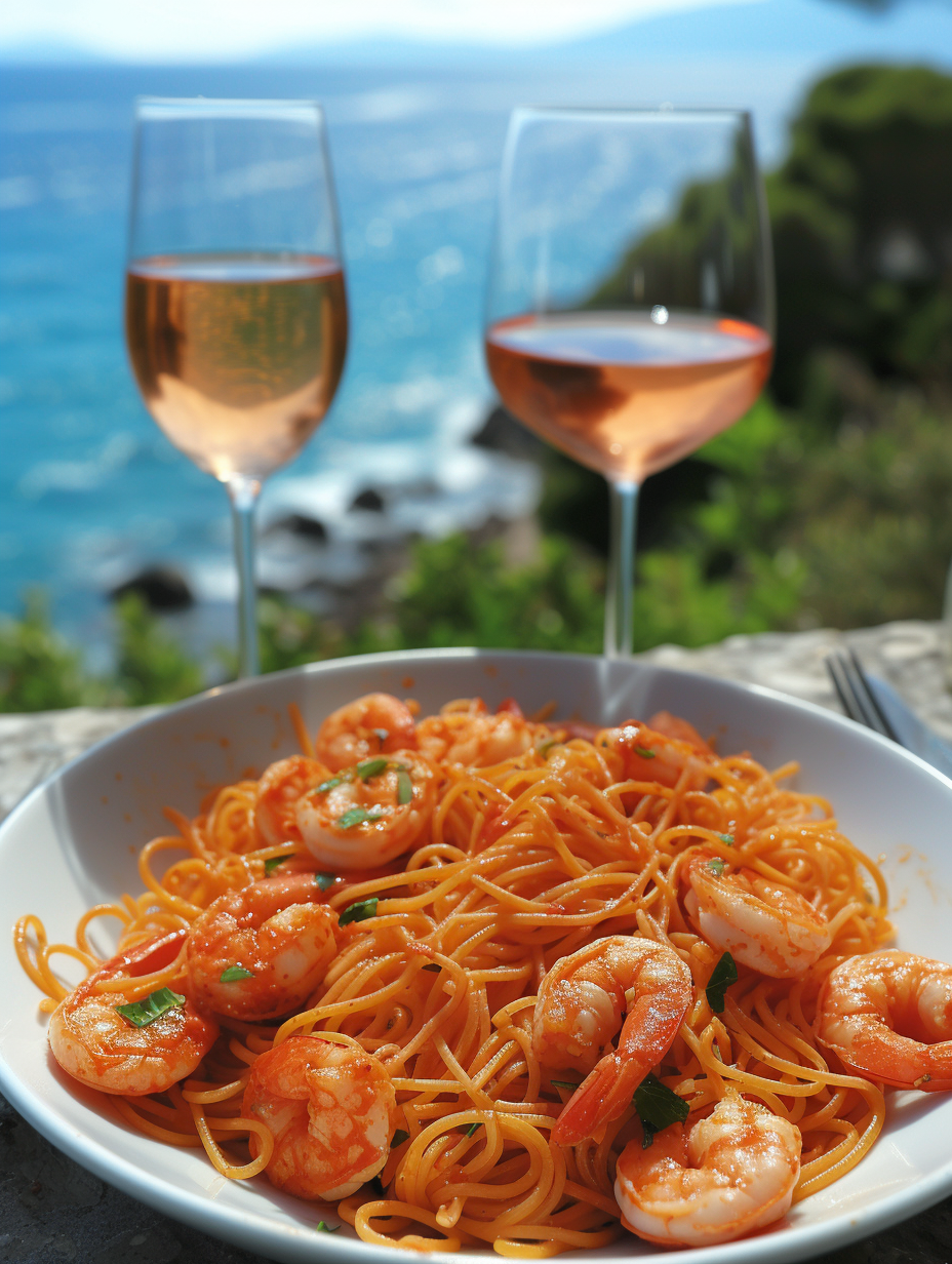 Italian outdoor restaurant table with food and wine glasses