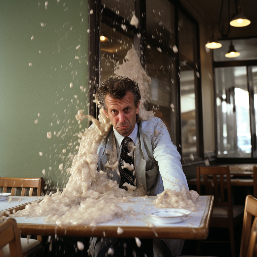 Middle-aged man in an Italian restaurant with exploding milk