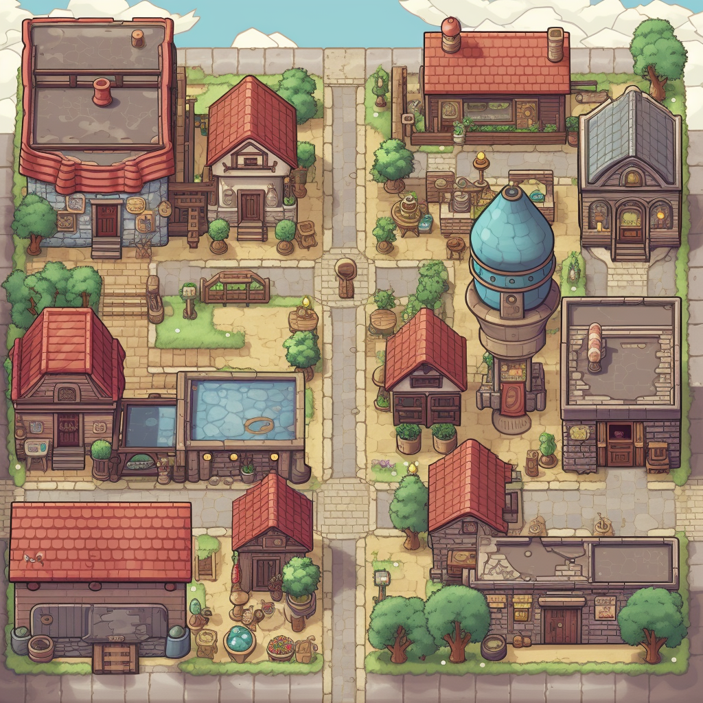 Vibrant tileset of an Italian RPG Pokemon village