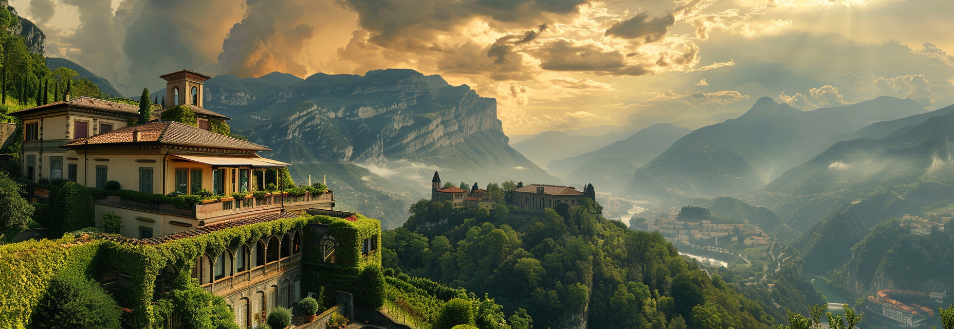 Italian villa overlooking valley panorama