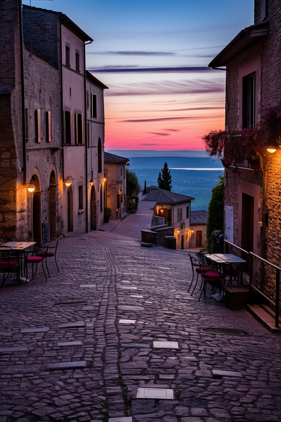 Sunset over Italian village streets