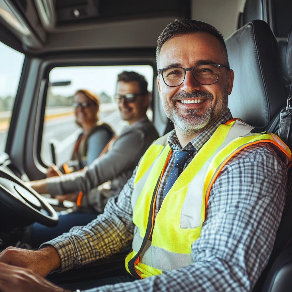 Italian truck drivers smiling highway