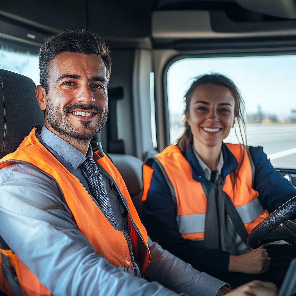 Italian truck drivers smiling highway