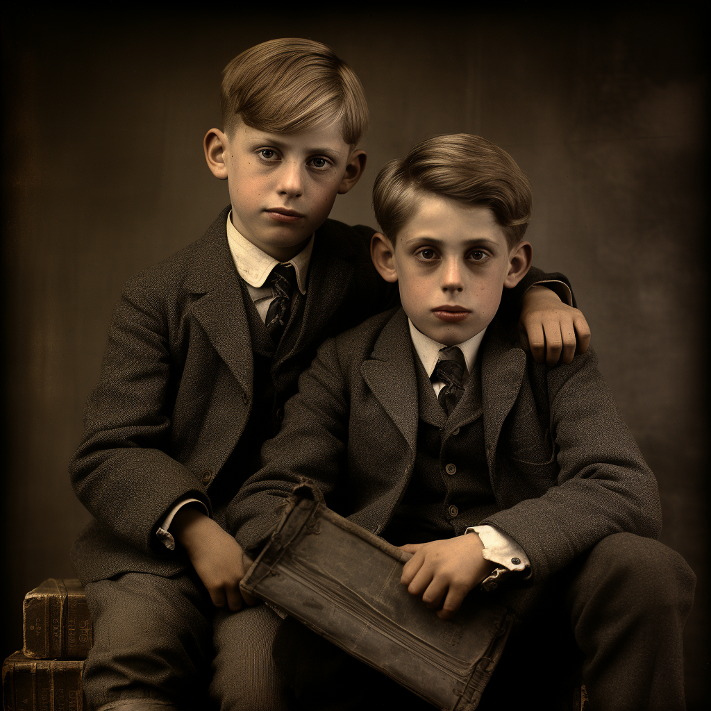 Iver and Jake, grammar school-age brothers in a studio photograph