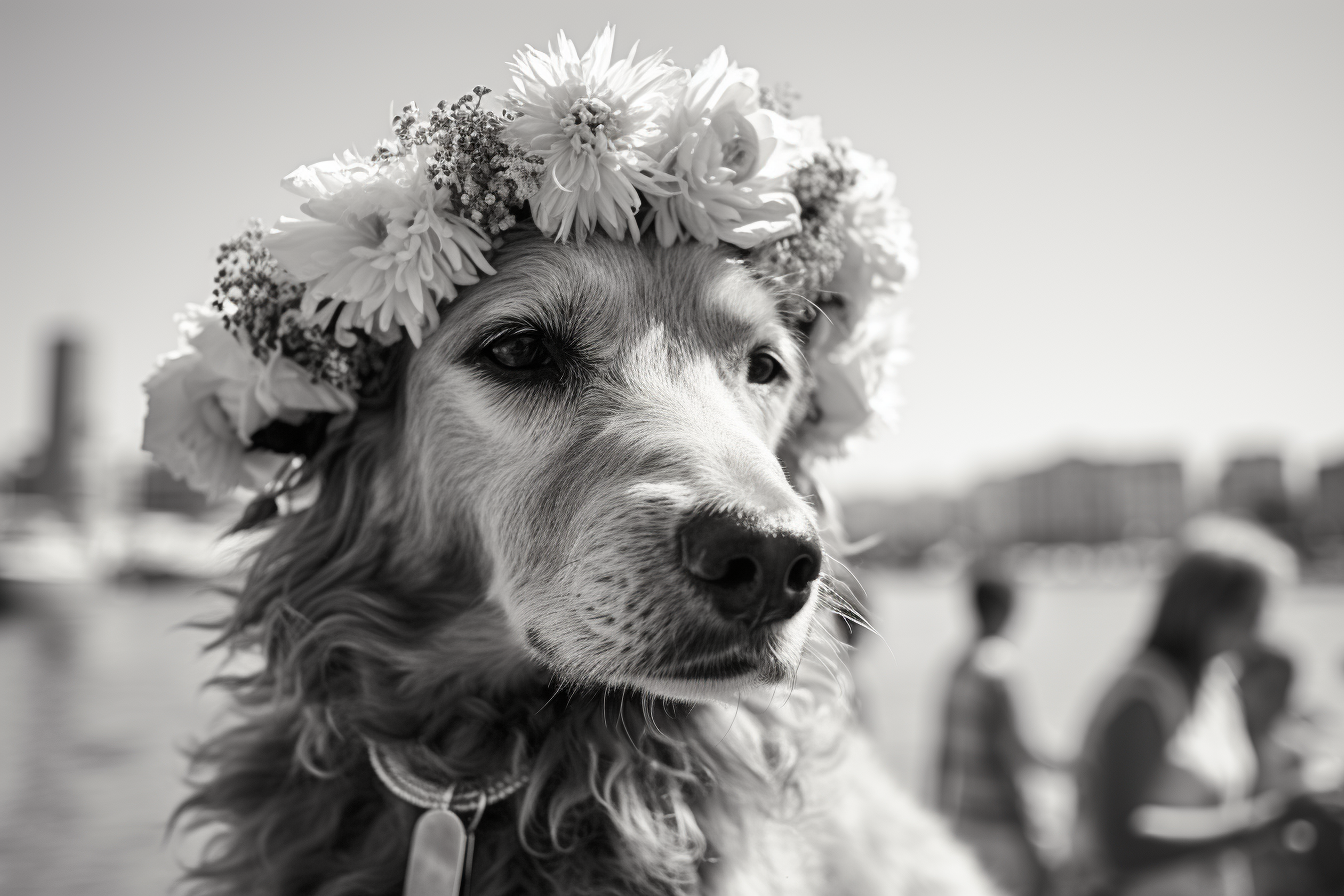 Dog selling flowers at Izmir Foca beach