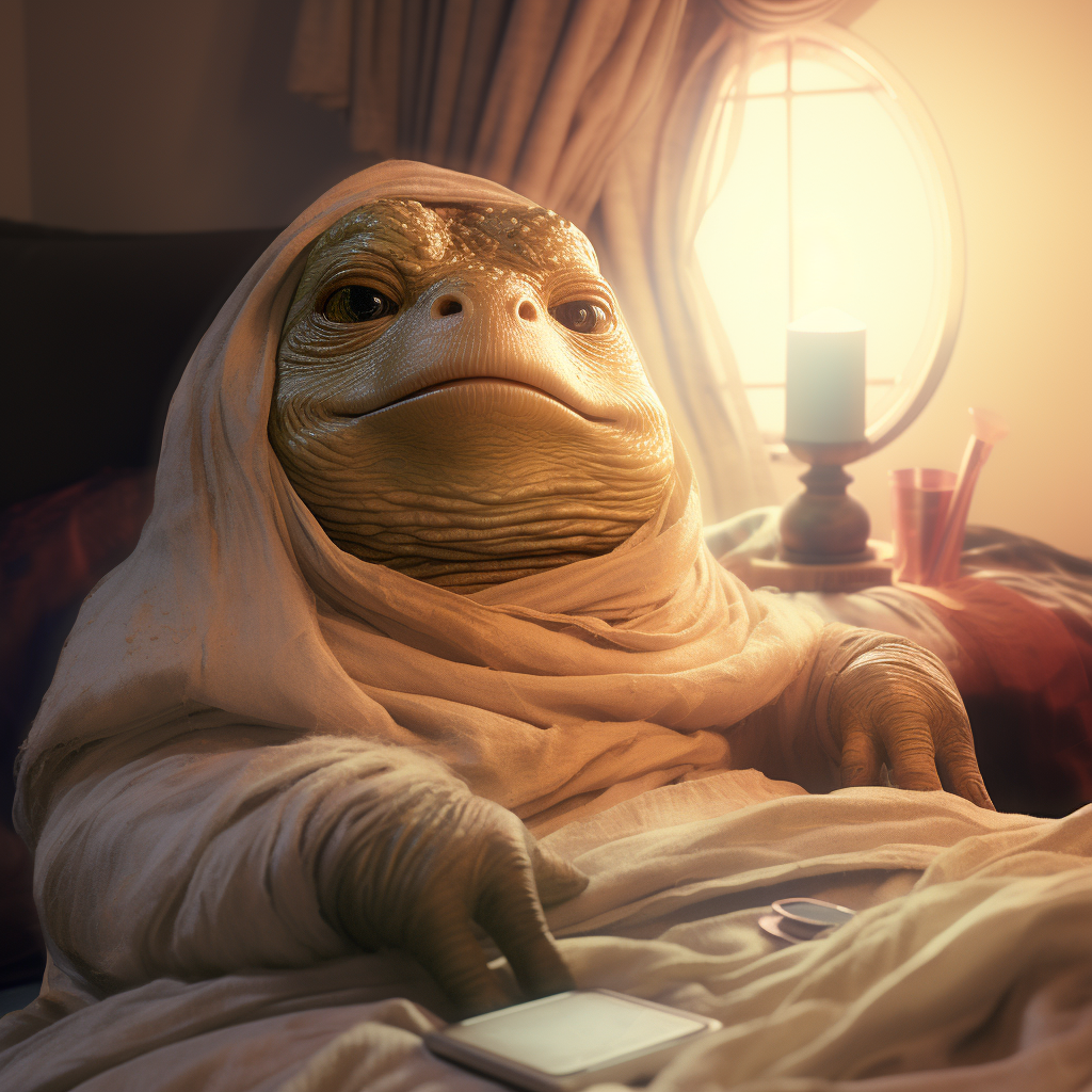 Jabba the Hutt capturing a cozy bedroom selfie