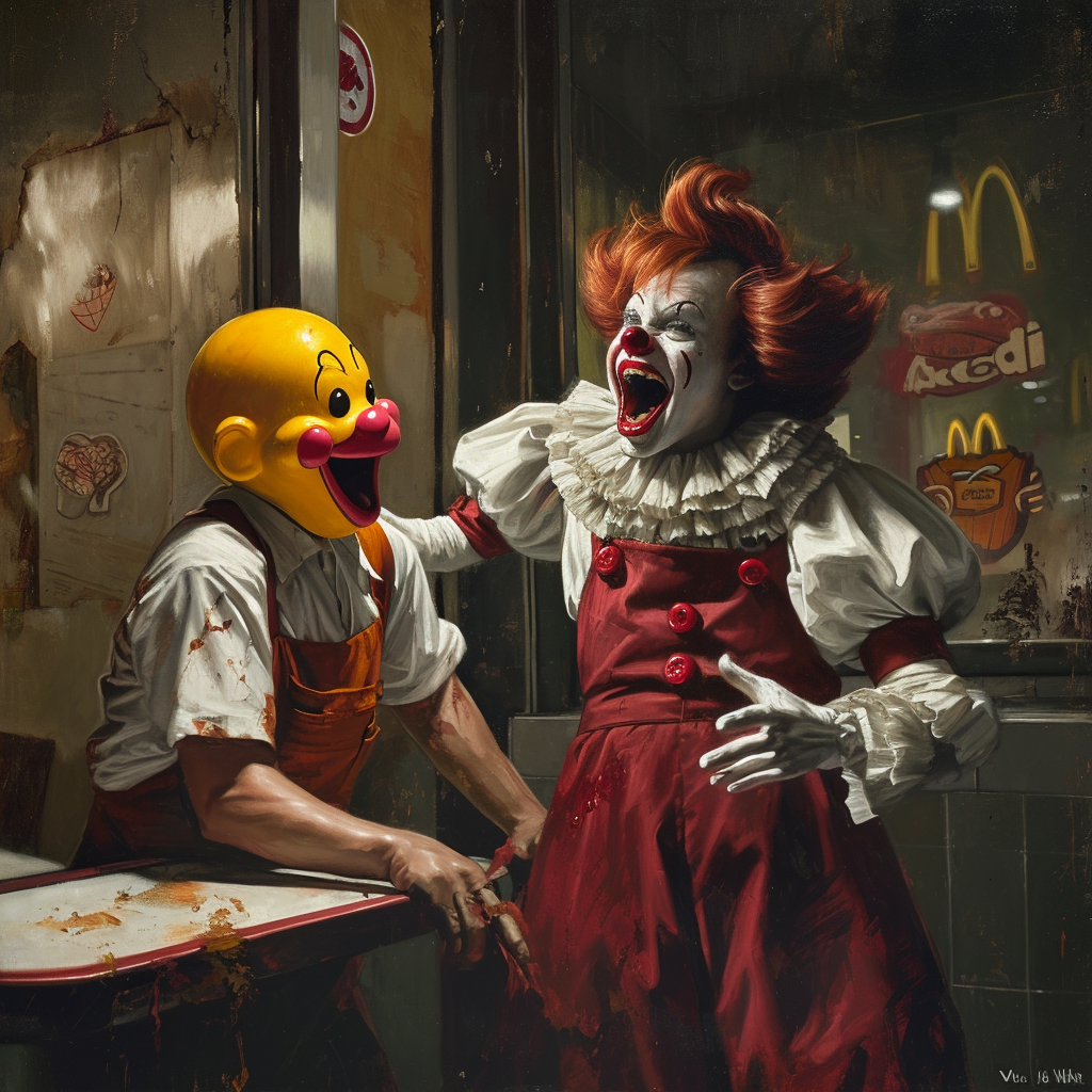 Jack in the Box Mascot attacking Ronald McDonald