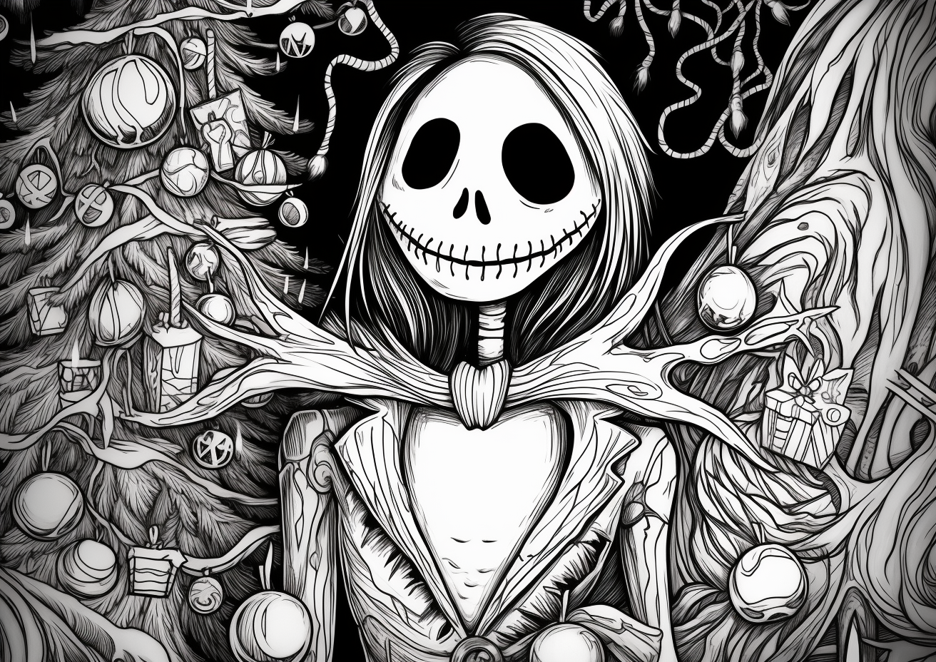 Jack Skellington decorating Christmas tree coloring page