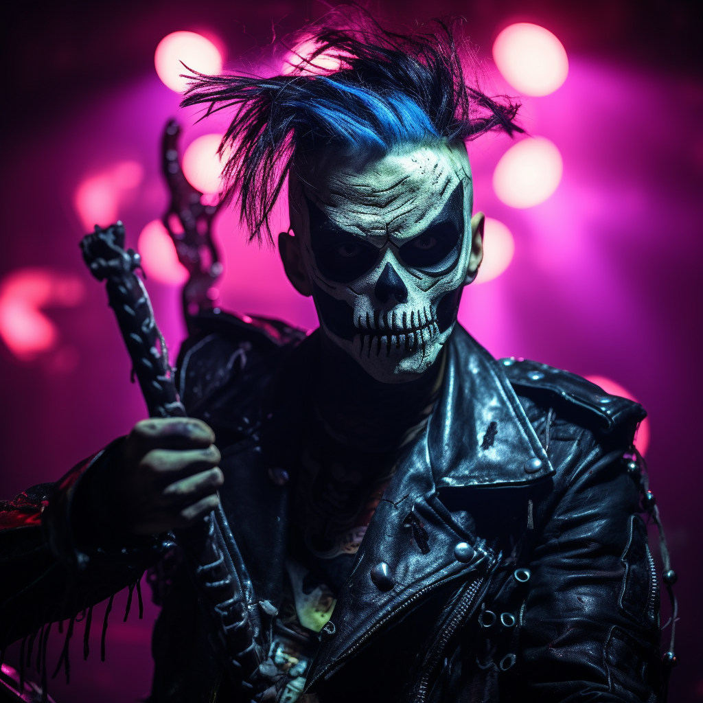 A punk in Jack Skellington mask with a knife at Halloween punk rock party