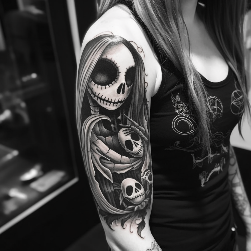 Black and white Jack Skellington and Sally tattoo