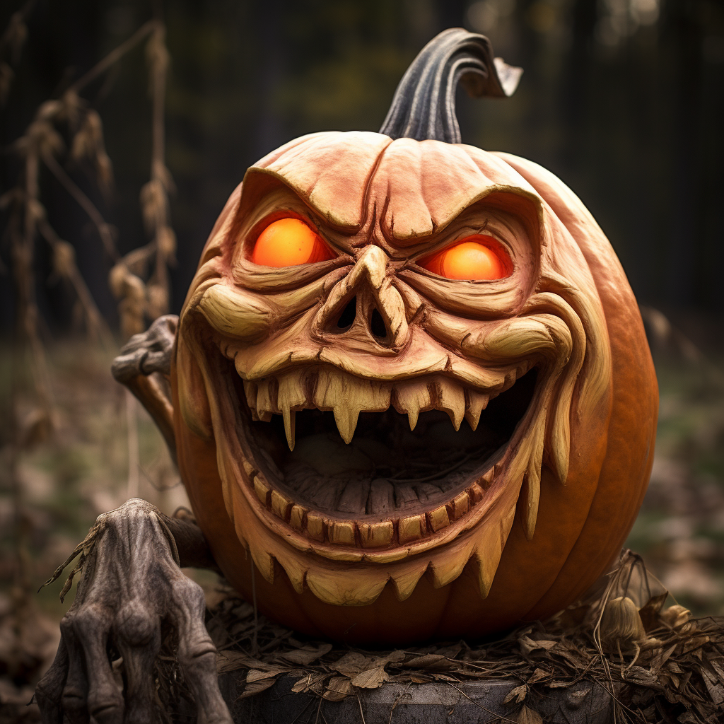 Spooky jack-o-latern demon laughing at photographer