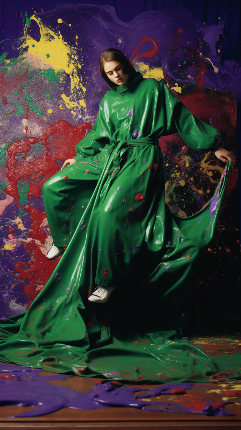 Jackson Pollock wearing purple smock dress and splattered paint