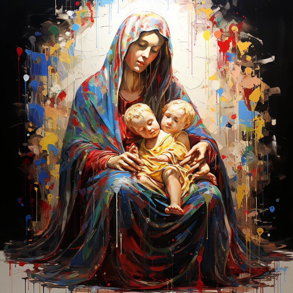 Abstract artwork of Madonna and Child in drip style