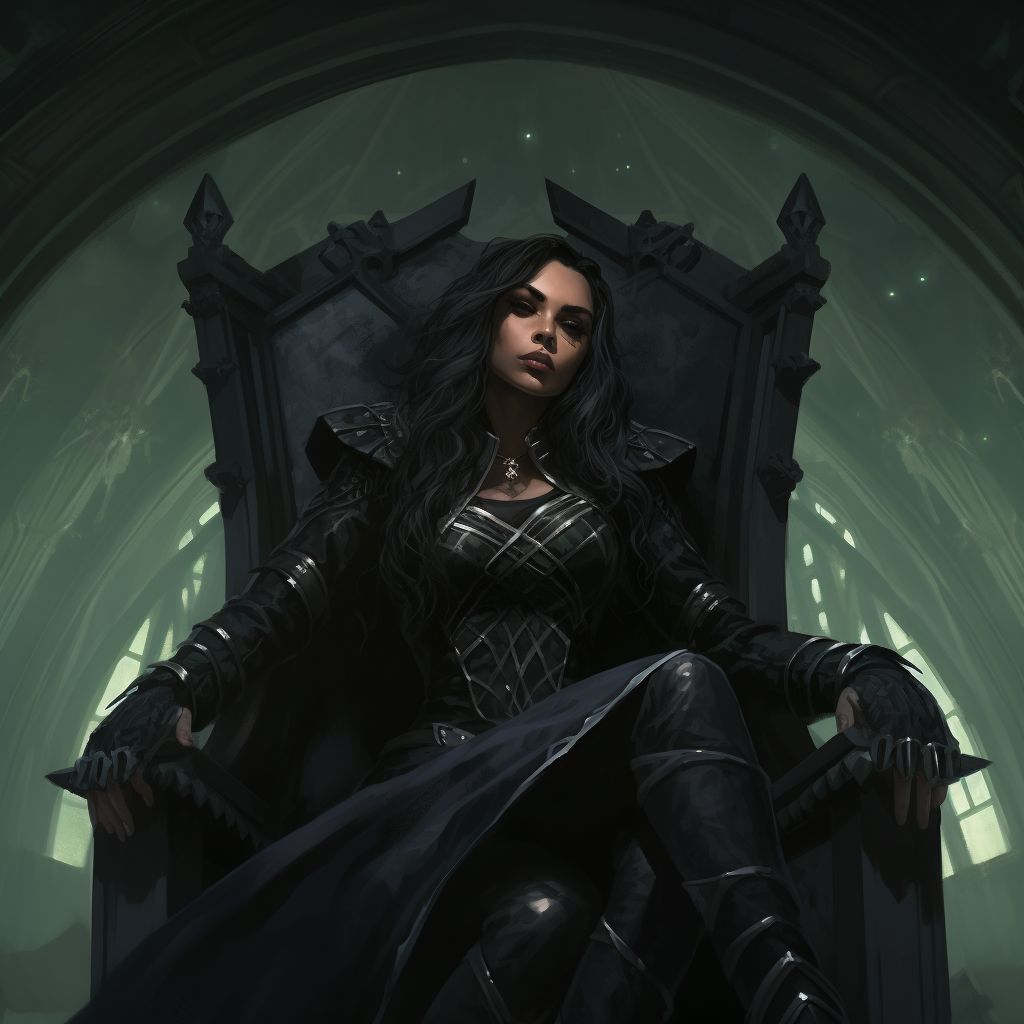 Jade Victorious goth goddess in dark throne room (6 words)