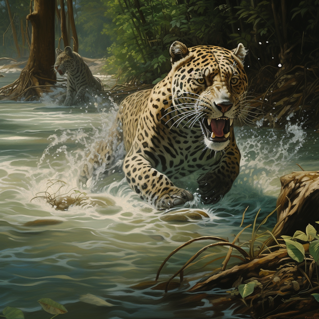 Jaguar hunting monkeys in river