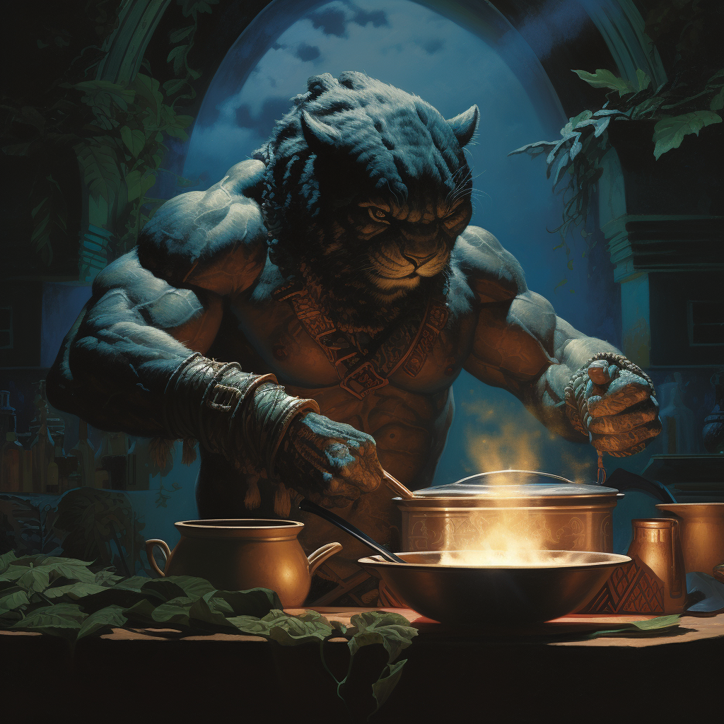 Strong Jaguar Warrior Cooking in Dark Fantasy