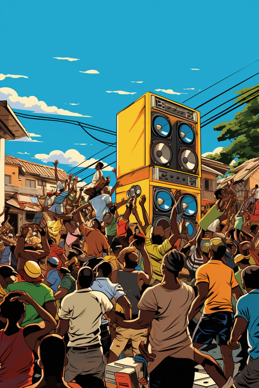 Jamaican crowd dancing around craft sound system