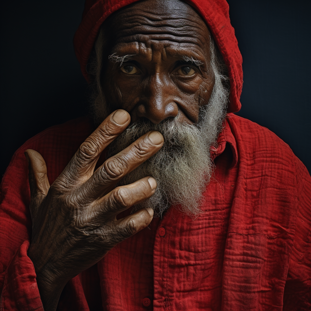 Old Jamaican man holding red fabric