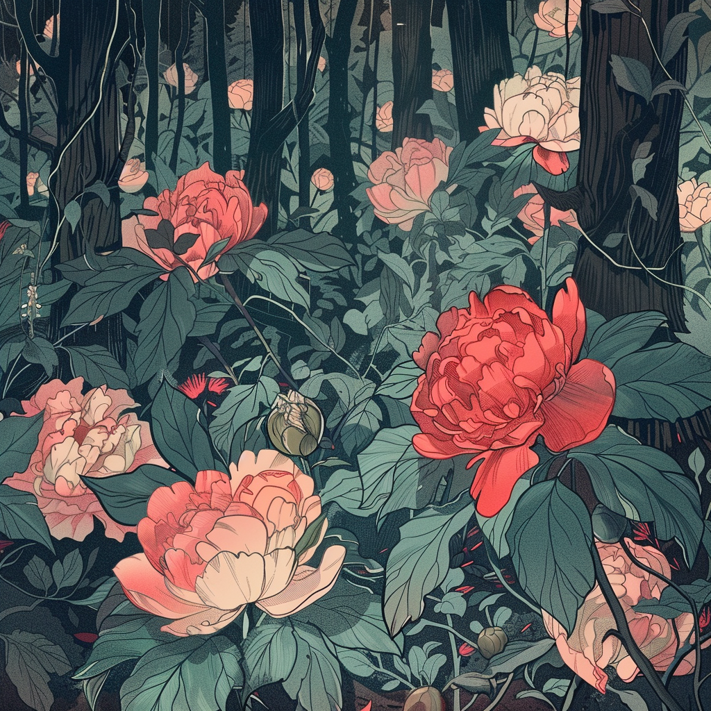 Peonies woods James Jean style