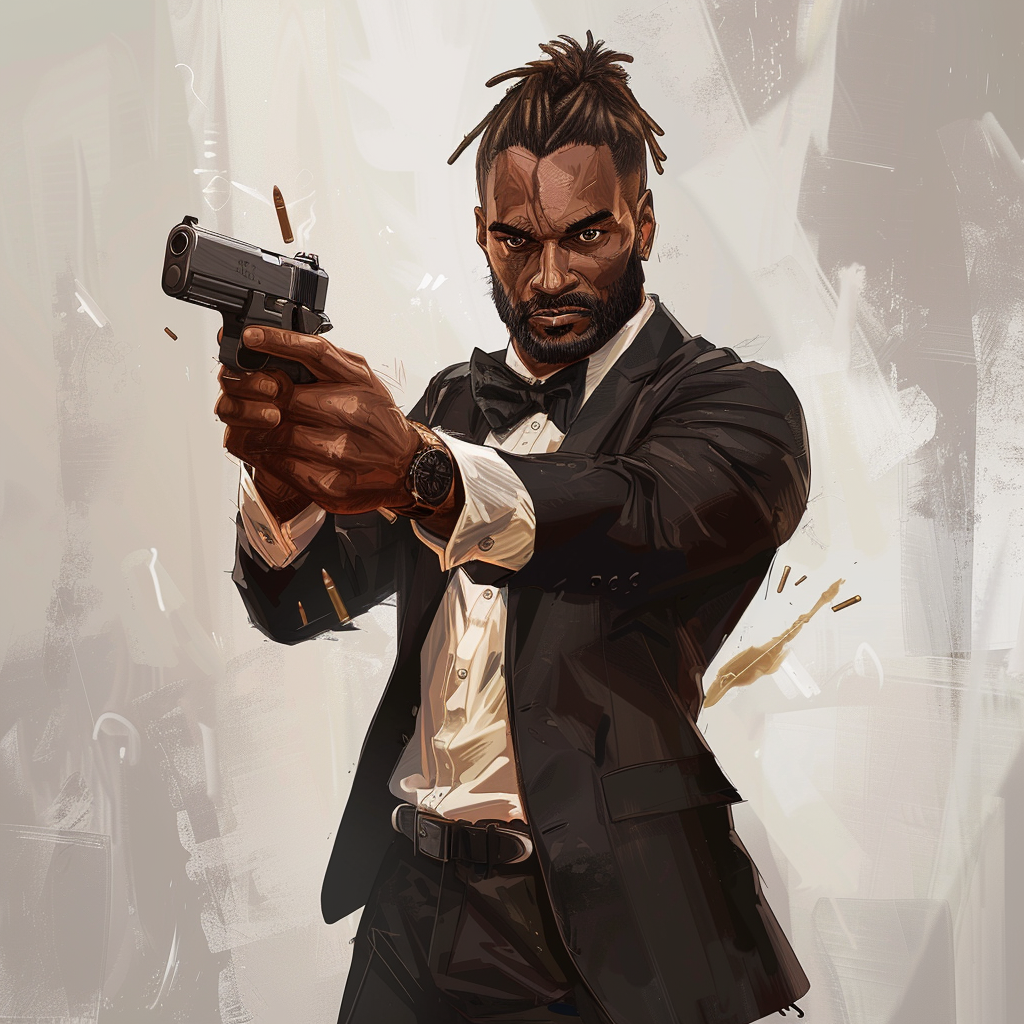 Young James Bond with Dreadlocks holding Gun