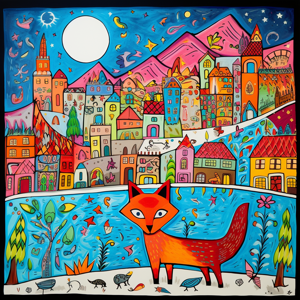 Vibrant fox in James Rizzi style