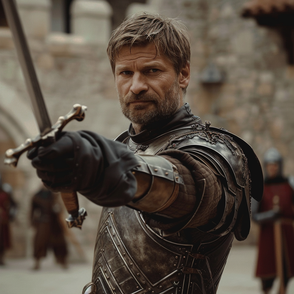 Jamie Lannister sword pointing Ned Stark