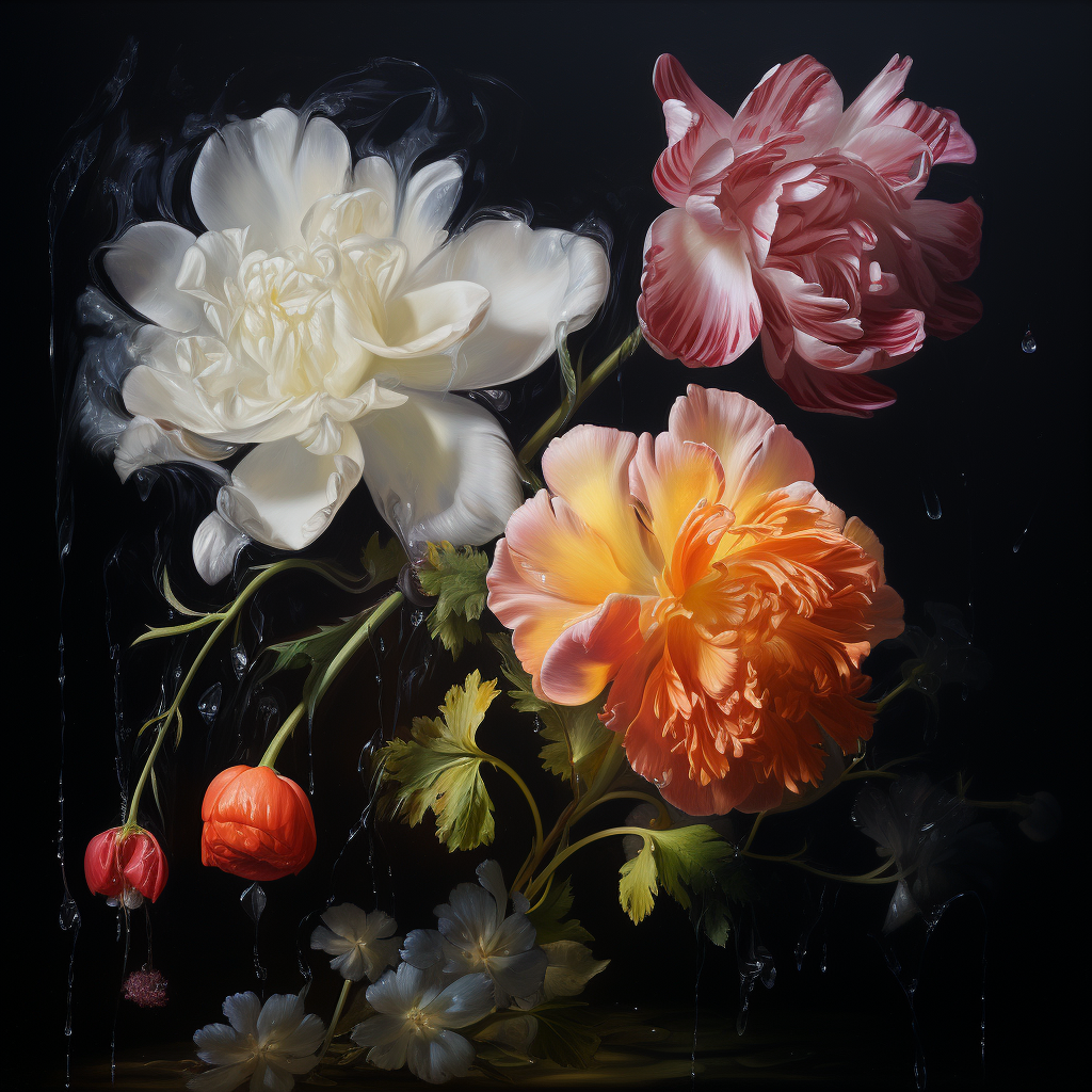 Two real Jan Van Huysum flowers emerging from black background