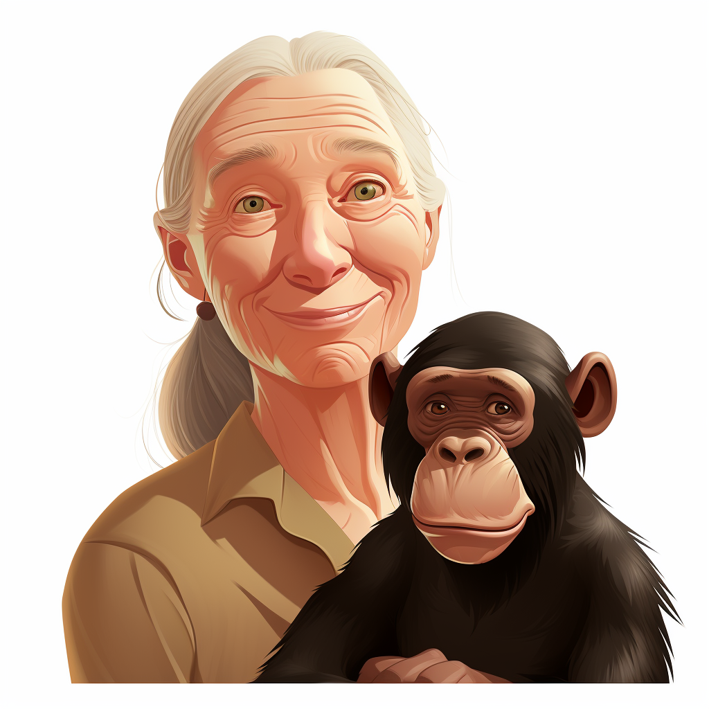 Smiling Jane Goodall with Chimpanzee