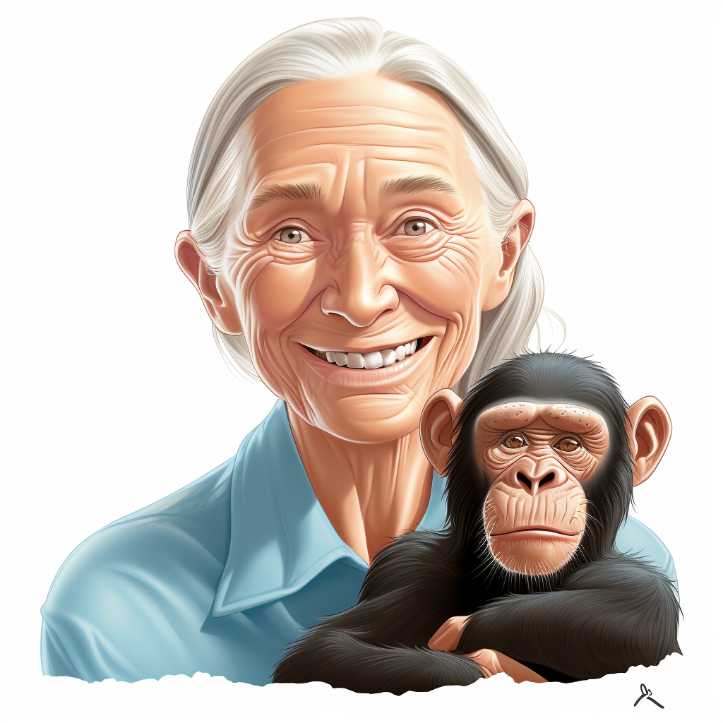 Smiling Jane Goodall with Chimpanzee on White Background