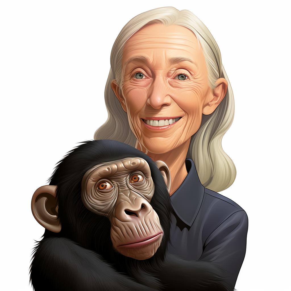 Jane Goodall smiling with chimpanzee