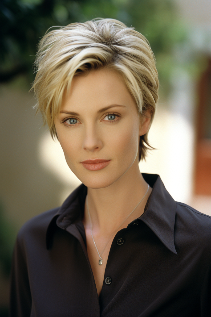 Jane Lynch with short hair in casual business attire