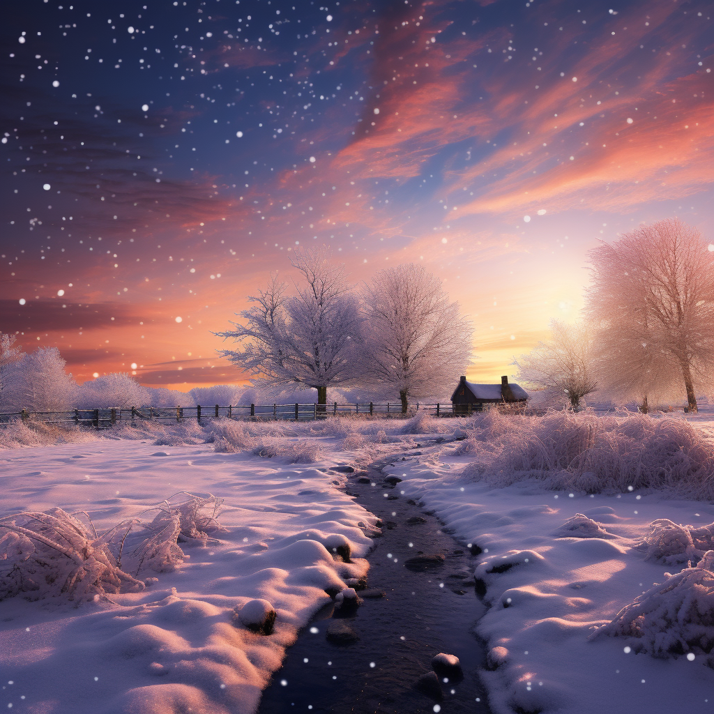 Winter scenery in England with snow and sunset