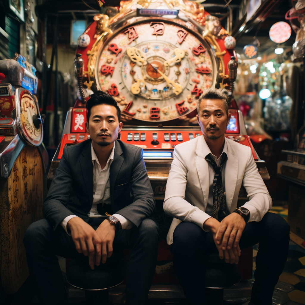 Two men playing pachinko in Japan