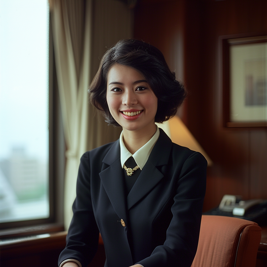 Japanese office worker smiling on luxury liner