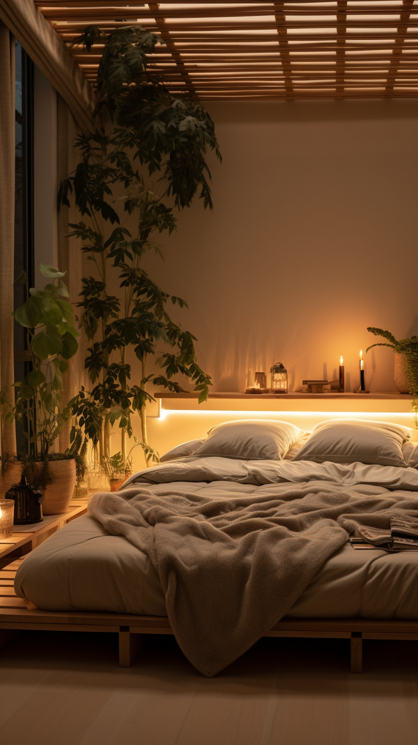 Minimalist Japandi bedroom with warm lighting