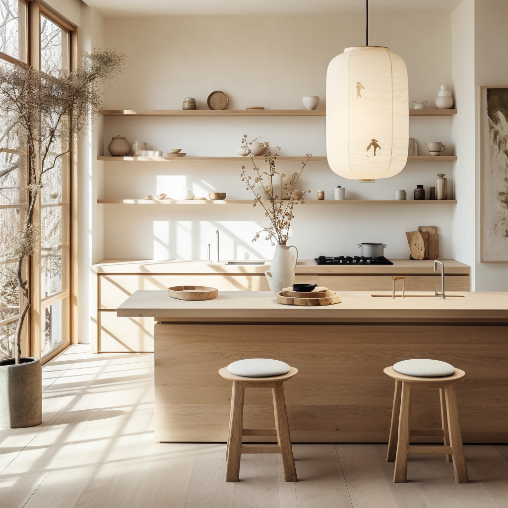 Stylish japandi kitchen island in bright room