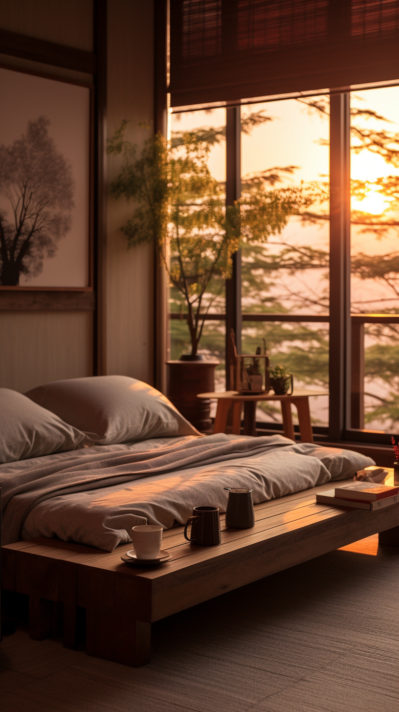 Japandi style bedroom with warm lighting