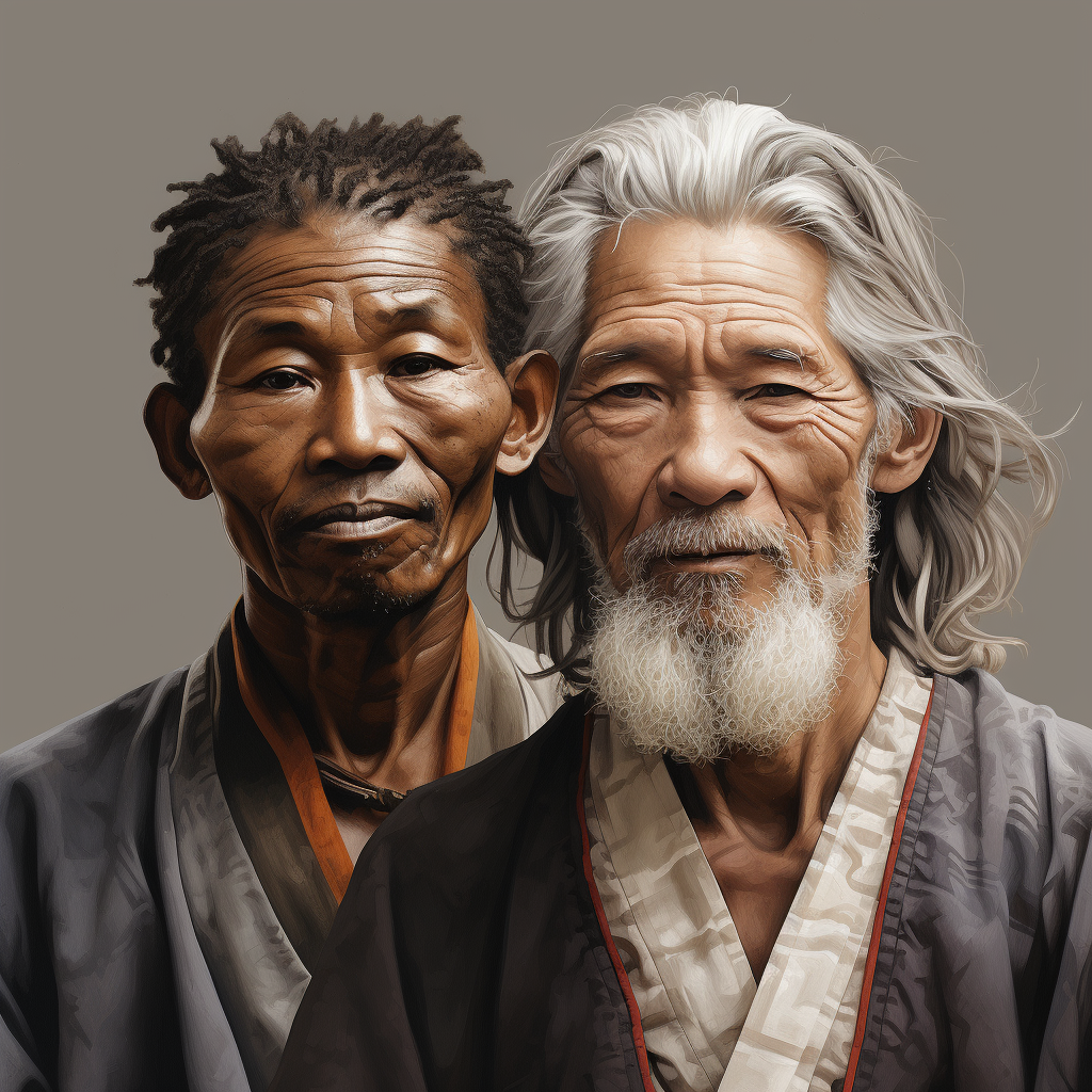 Elderly Japanese and African men embracing diversity