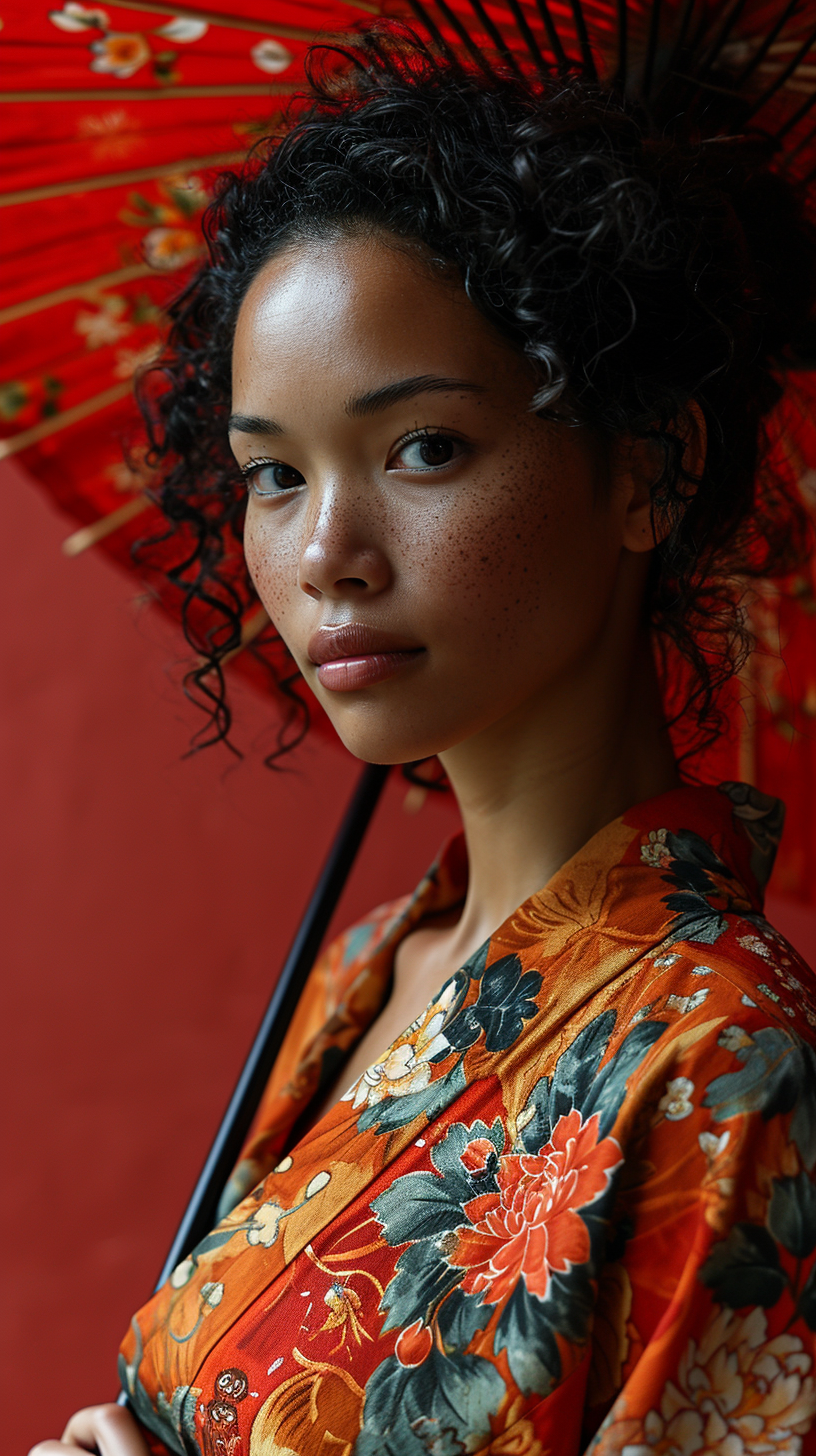 Young model with umbrella in front of red background