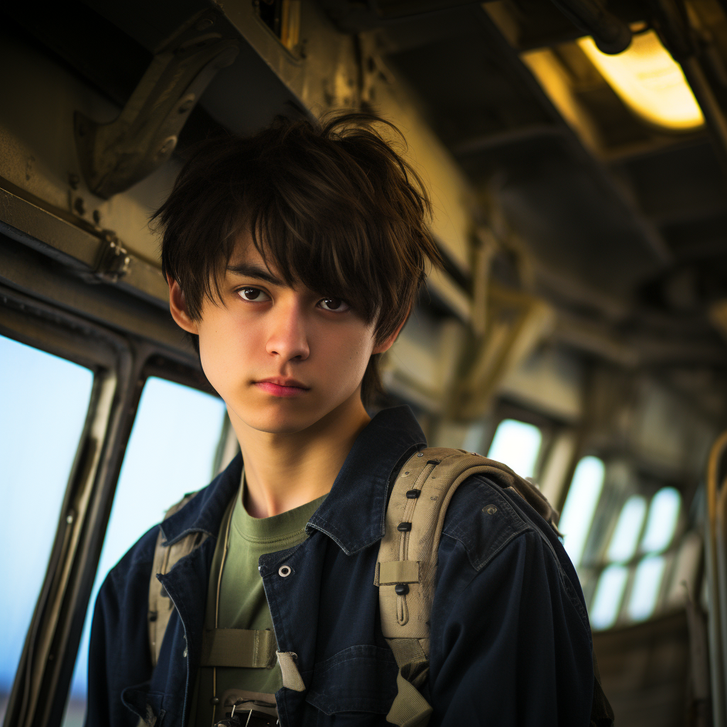 Japanese-American teen in military uniform on ship