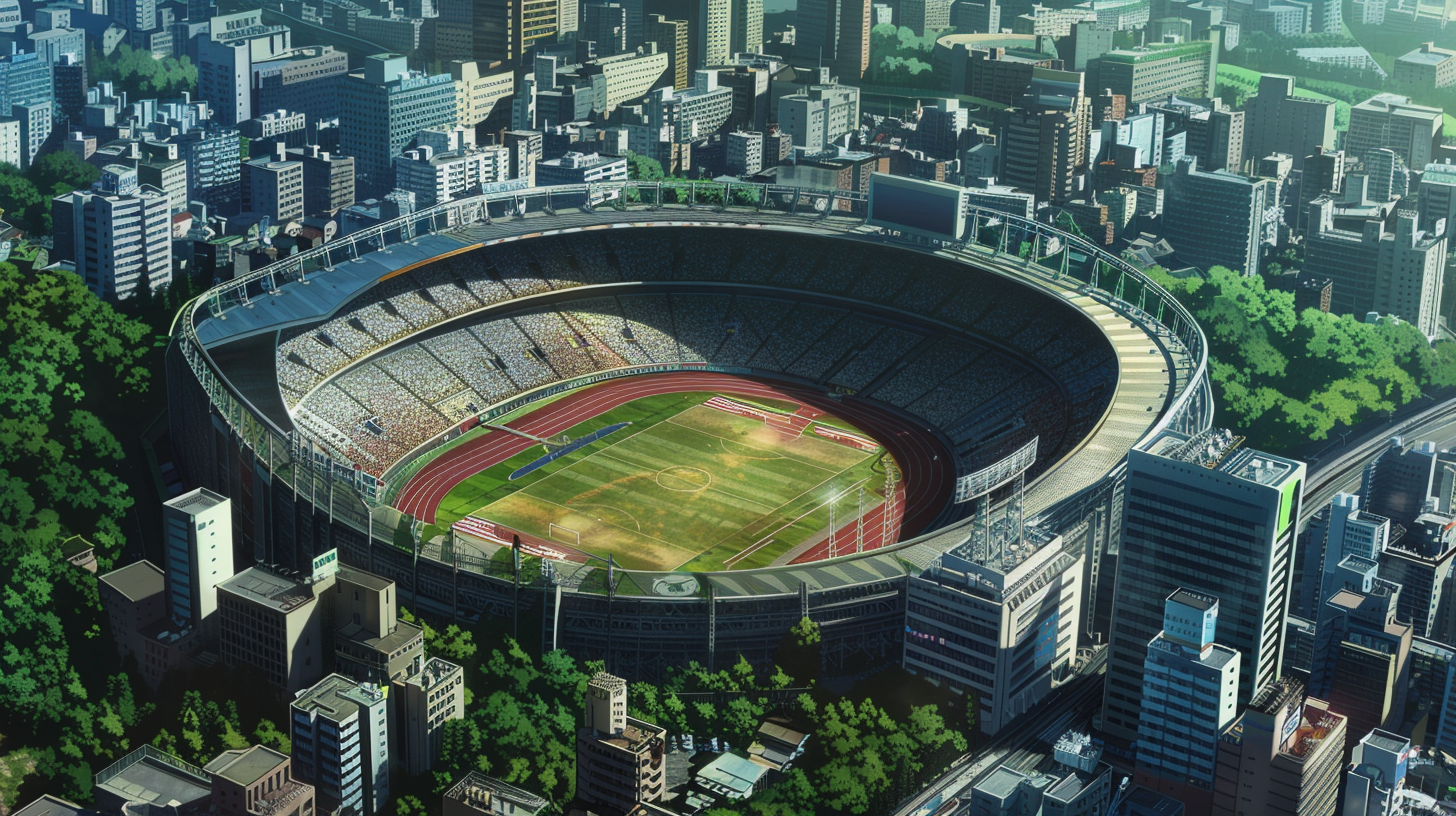 Japanese anime city stadium bird view