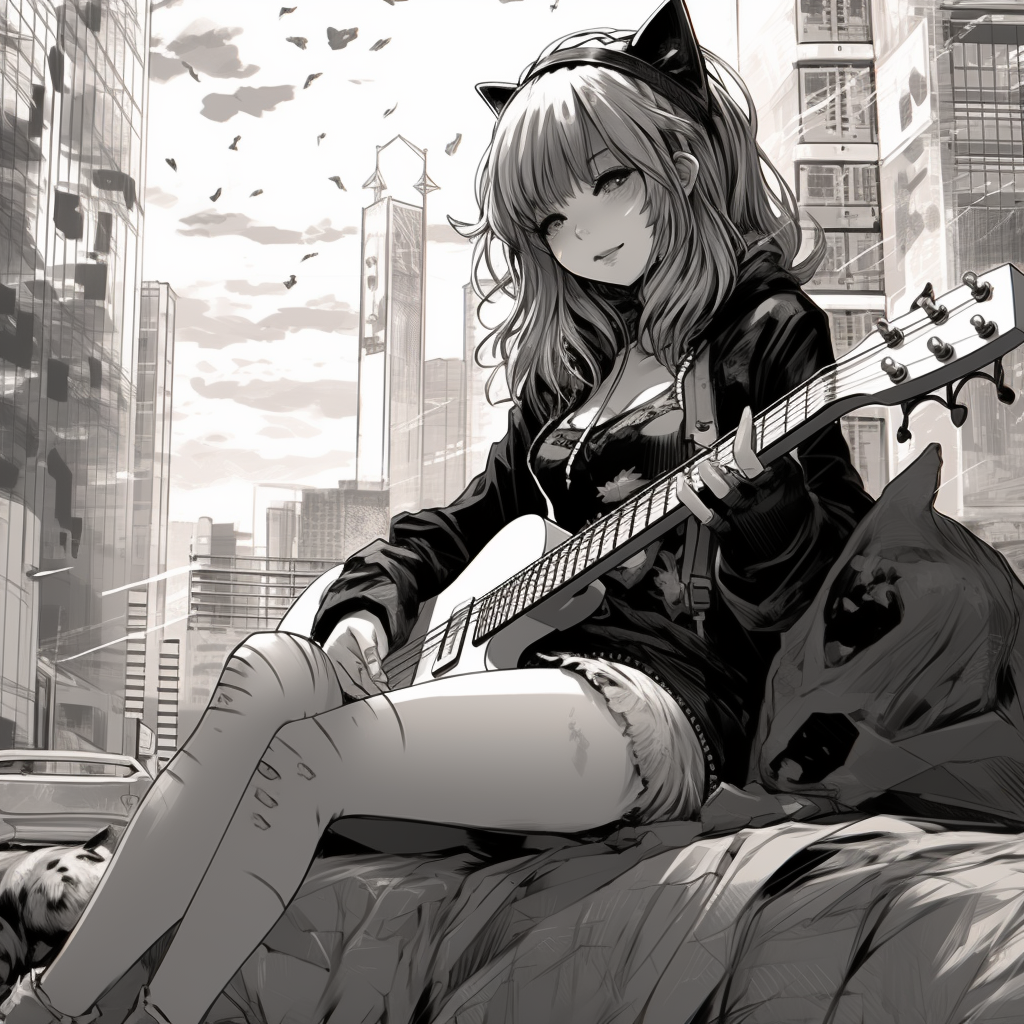 Anime girl playing guitar in Shibuya