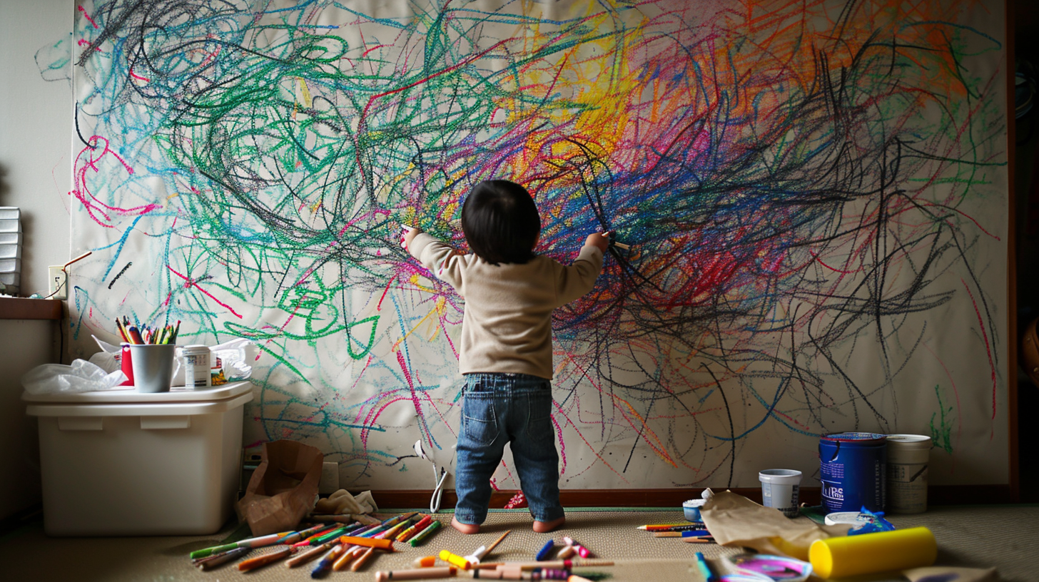 3-year-old child engrossed in drawing colorful salarymen