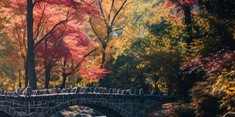 Scenic Japanese Arch Bridge in Autumn Forest