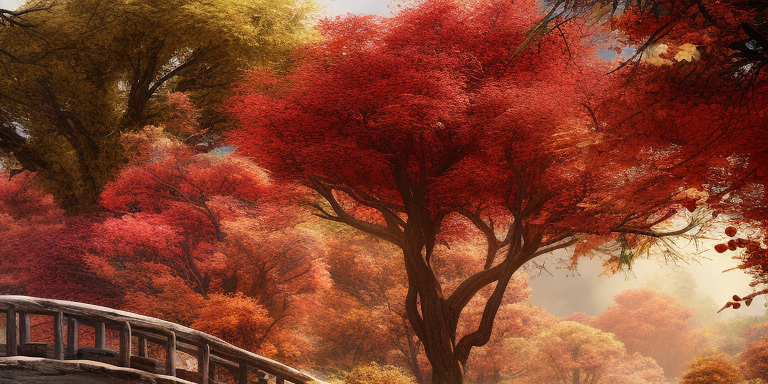 Beautiful Japanese Arch Bridge in Autumn Forest